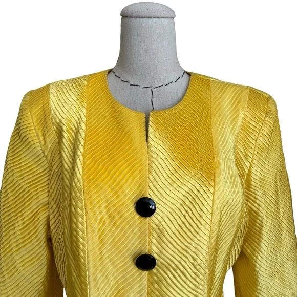 Vintage 80s Karen Lawrence Yellow Satin Pleated Evening Jacket Large - Picture 2 of 12